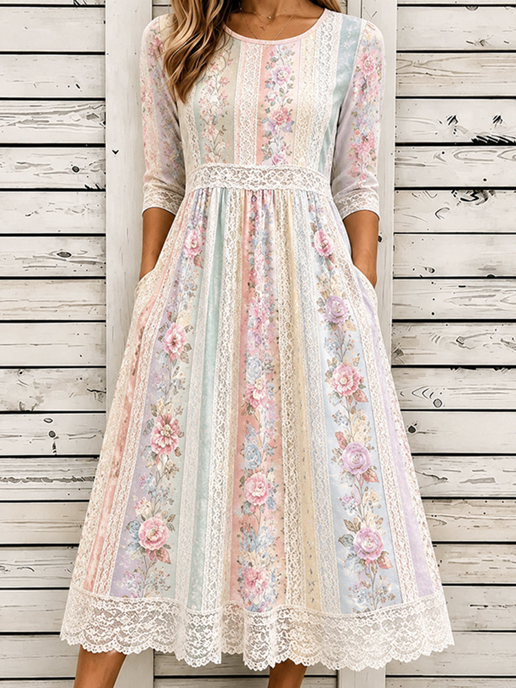 Women's Vintage Floral Patchwork Art Round Neck Midi Dress