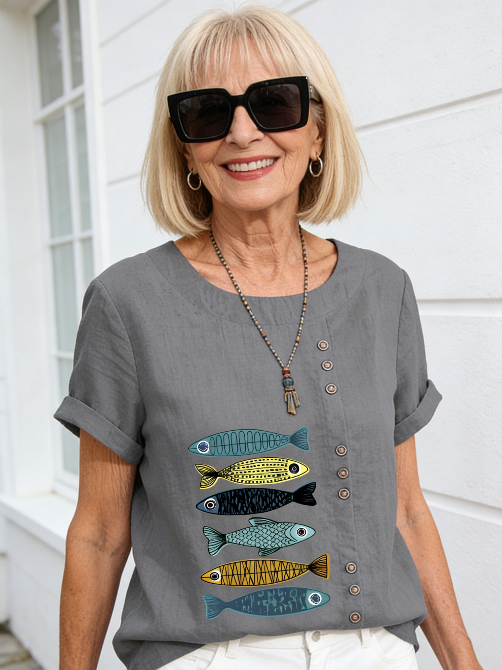 Cotton and Linen Printed Shirt Women