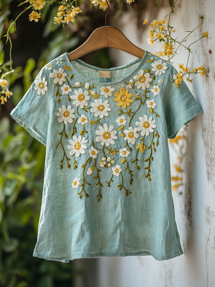Floral Embroidered Round Neck Linen Blend T-shirt