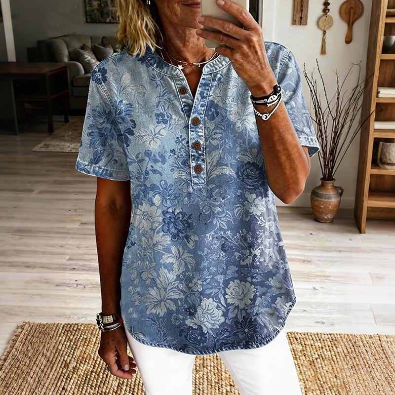 Women's Vintage Floral Art Print Casual Short-sleeve Shirt