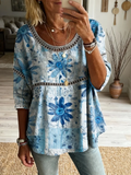 Women's Bohemian Vintage Floral Art Print Flowy Linen Blend Casual Tops