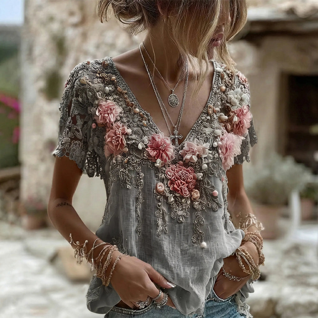 Women's Pink Roses Embroidered Art V-neck Short Sleeve T-shirt