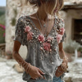 Women's Pink Roses Embroidered Art V-neck Short Sleeve T-shirt