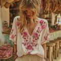 Vintage Floral Embroidery Art Short Sleeve Linen Blend T-shirt