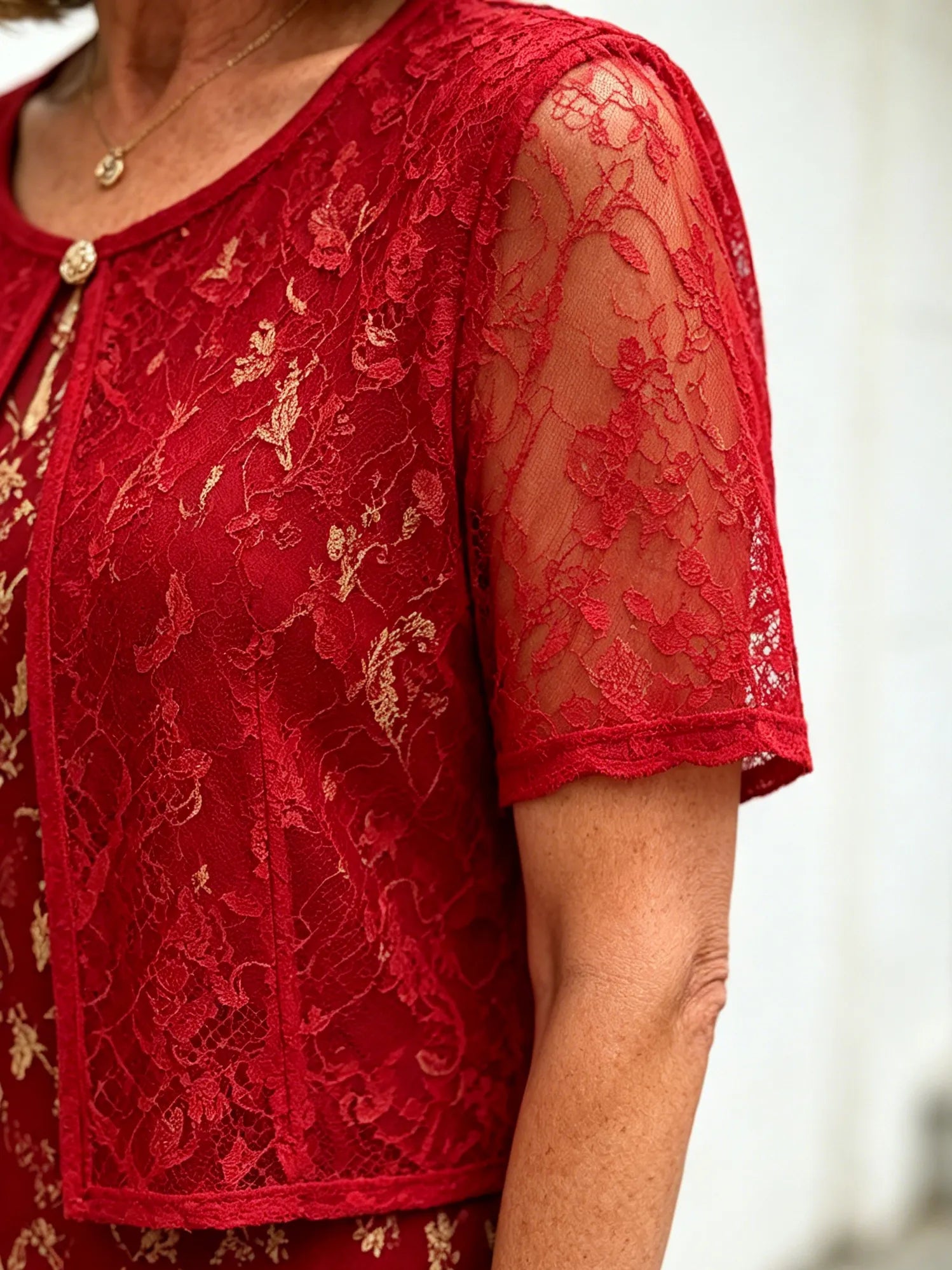 Red Gold Floral Lace Fake Two-Piece Midi Dress, Round Neck Short Sleeve Slimming Elegant Dress for Elderly Women