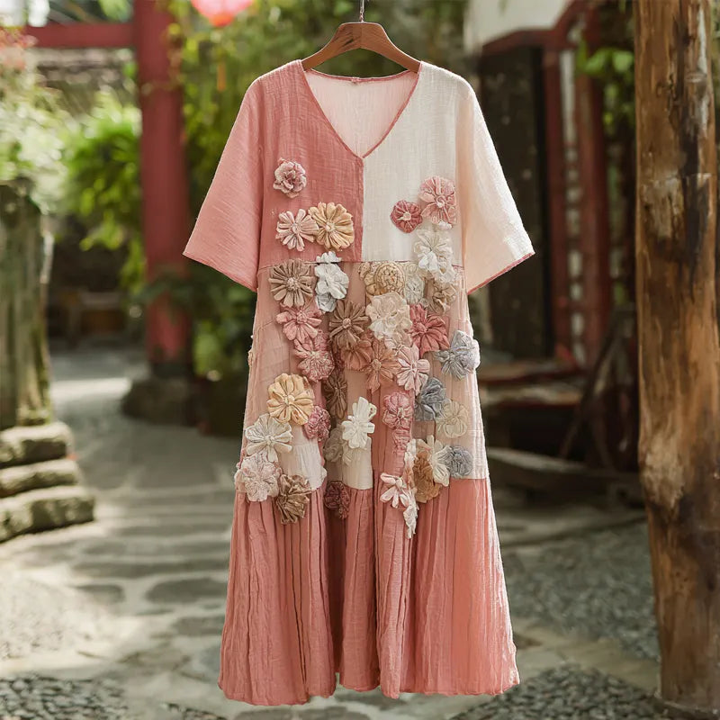 Vintage Boho Floral Embroidered Patchwork Linen Maxi Dress