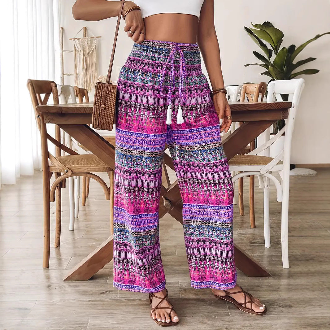 Bohemian Print Women's Casual High-waisted Elastic Trousers