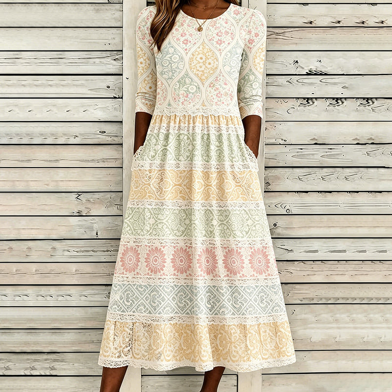 Women's Ethnic Macaron Contrast Color Patchwork Linen Dress