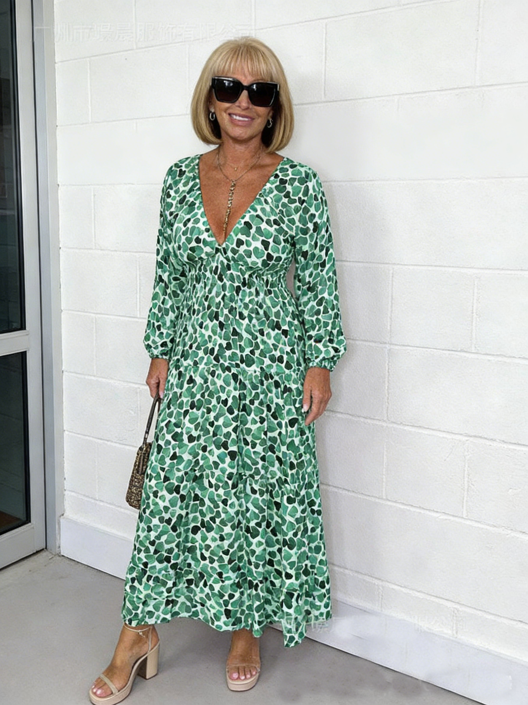 High Waist V-neck Floral Dress