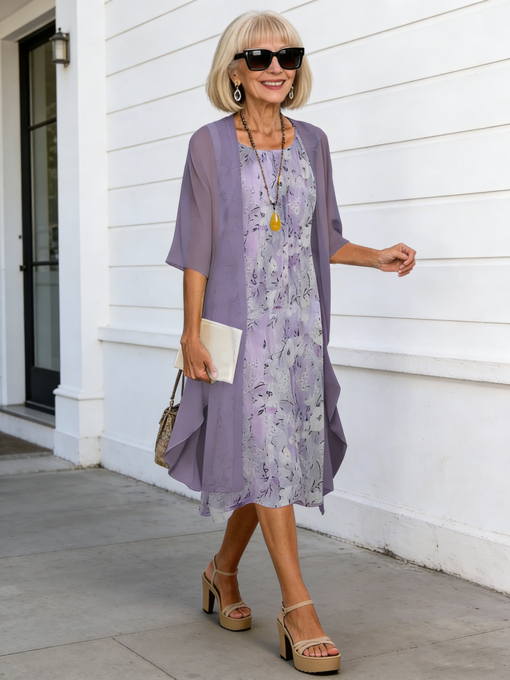 2Pcs Casual Printed Chiffon Dress Two-piece Set