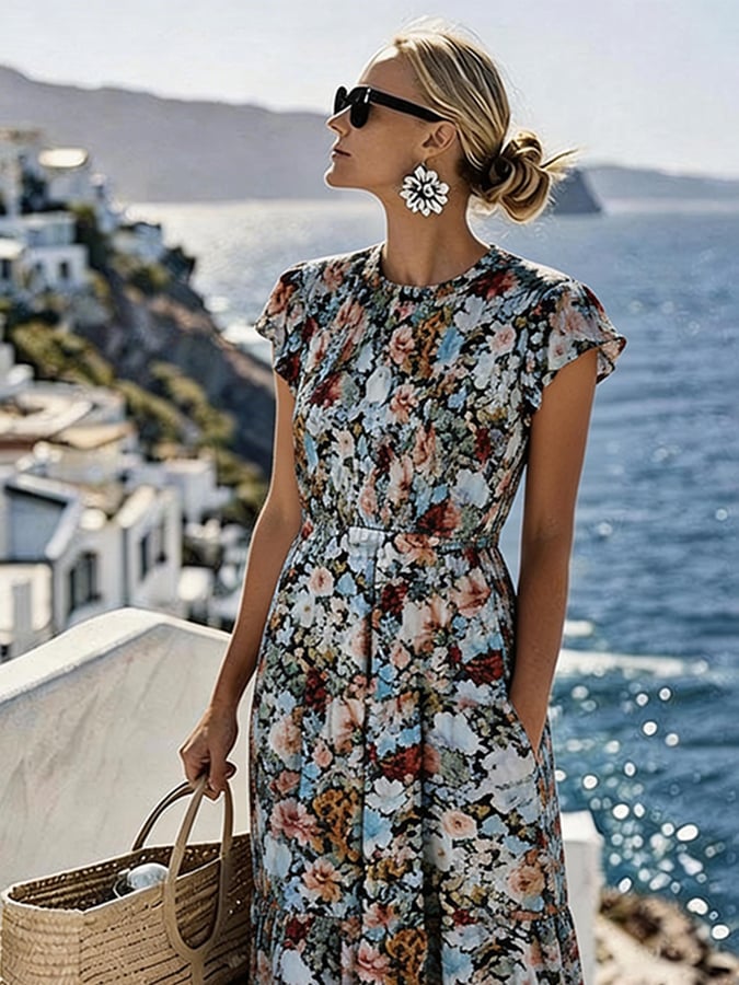 Women's Casual Round Neck Printed Vacation Dress