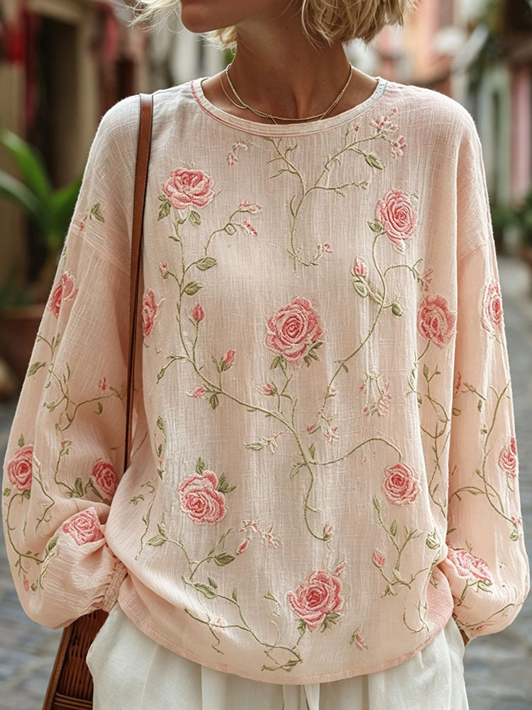 Women's Floral And Vine Print Cotton Linen Casual T-shirt