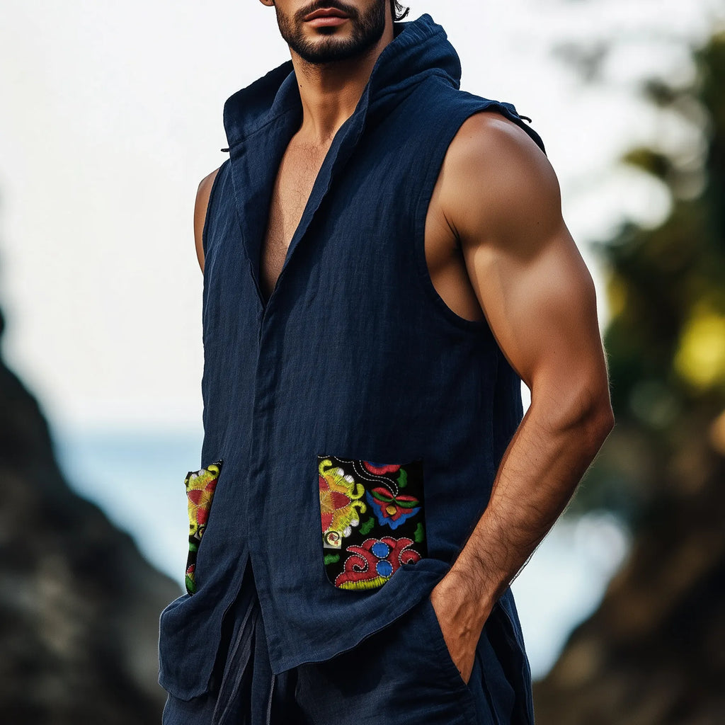 Men's Casual Retro Cotton And Linen Embroidered Vest Tops