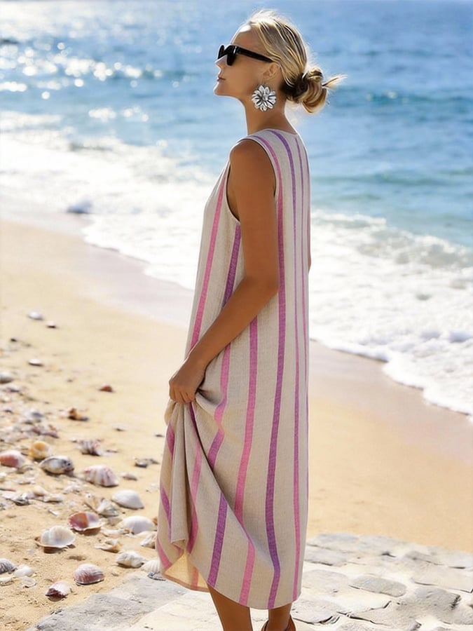 Women'S Round Neck Sleeveless Striped Vacation Dress