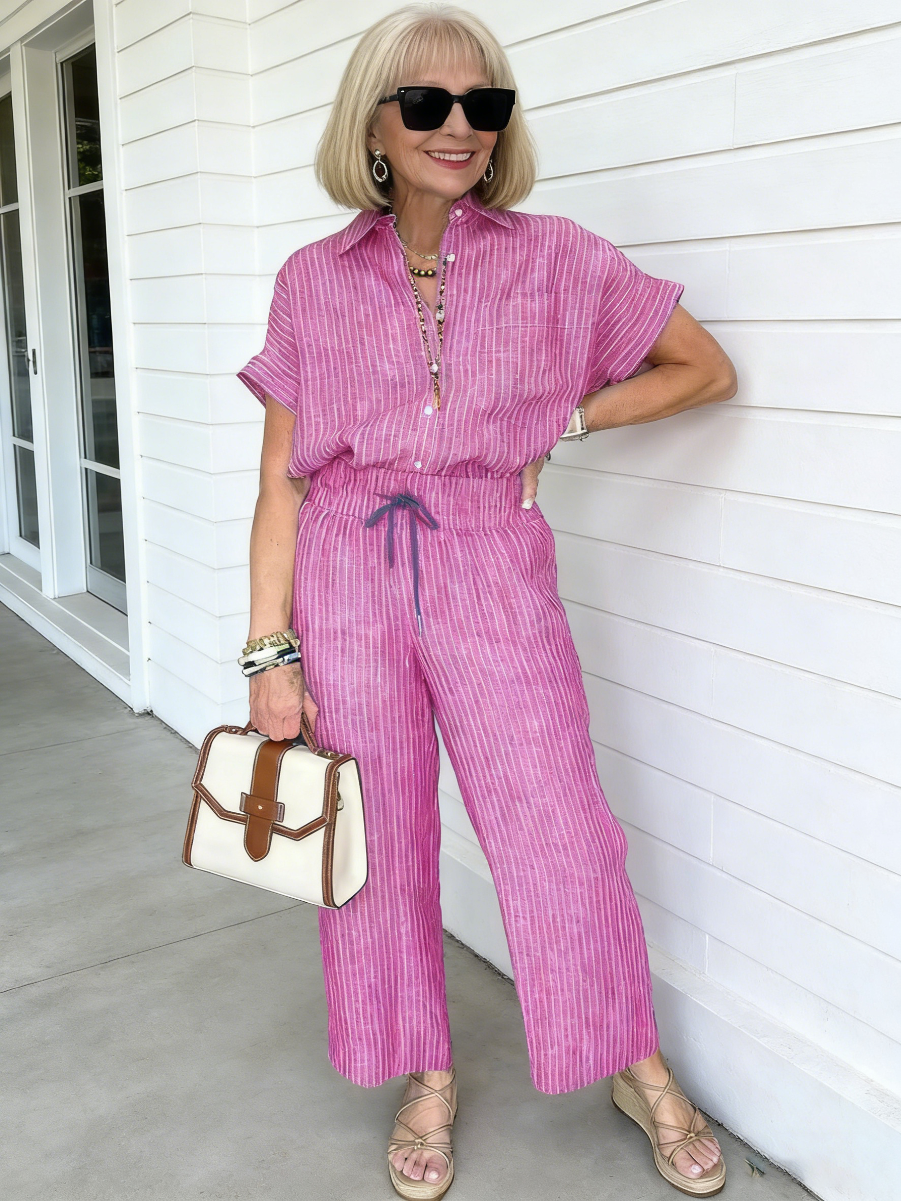 2Pcs Plus Size Cotton and Linen Striped Suit Lapel Short Sleeve Straight Trousers