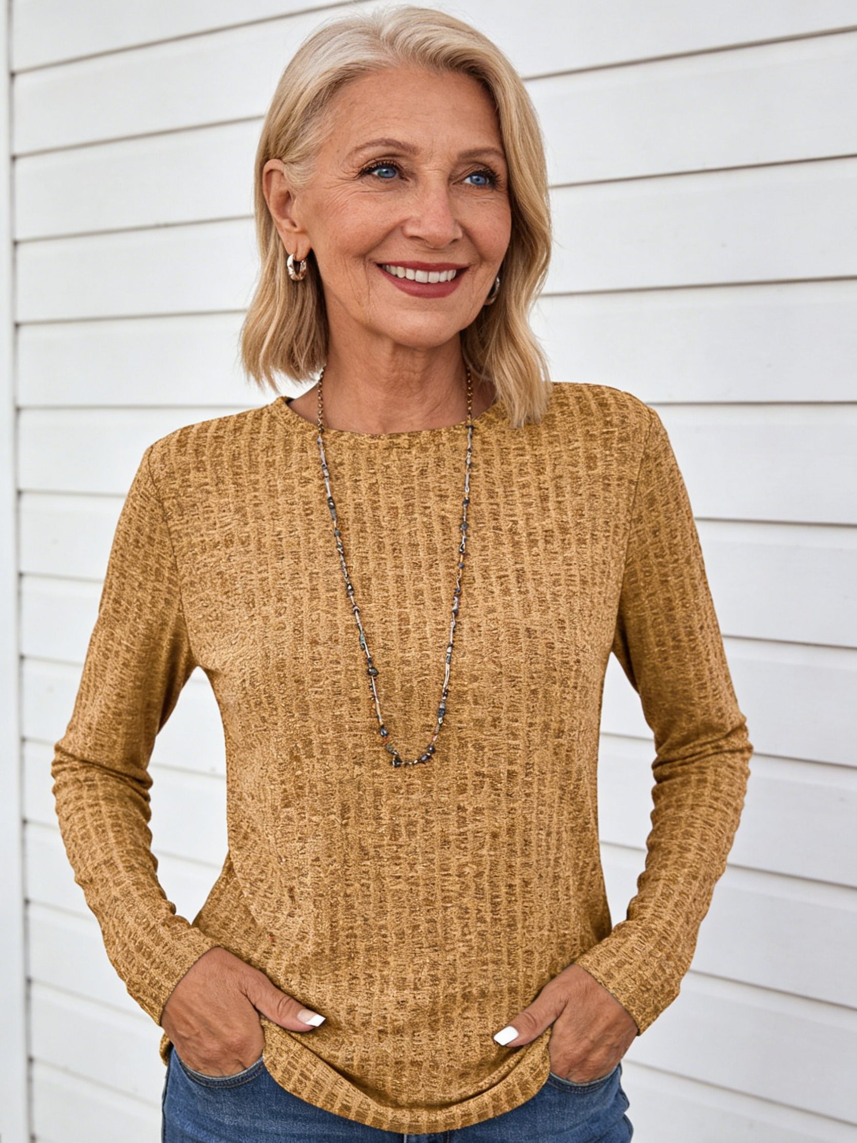 Knitted Crew Neck Pit Strip Top Long Sleeve Loose T-shirt