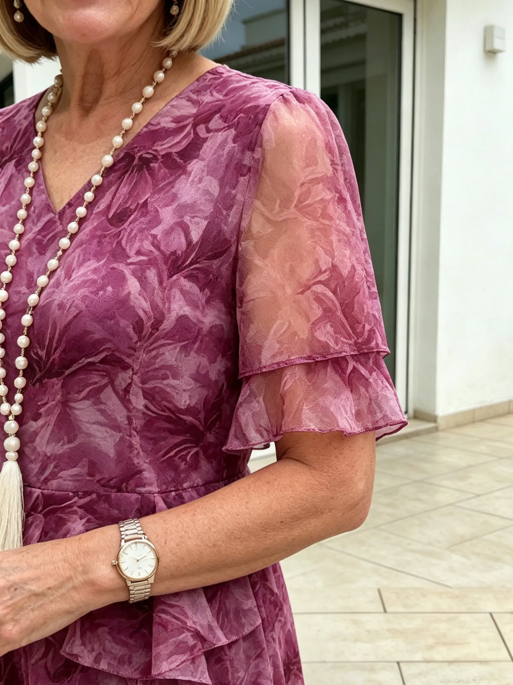 Purple Floral Mesh Chiffon Midi Dress, V-Neck Ruffle 3/4 Sleeve Waist Ruffle Loose Slimming Mom Dress