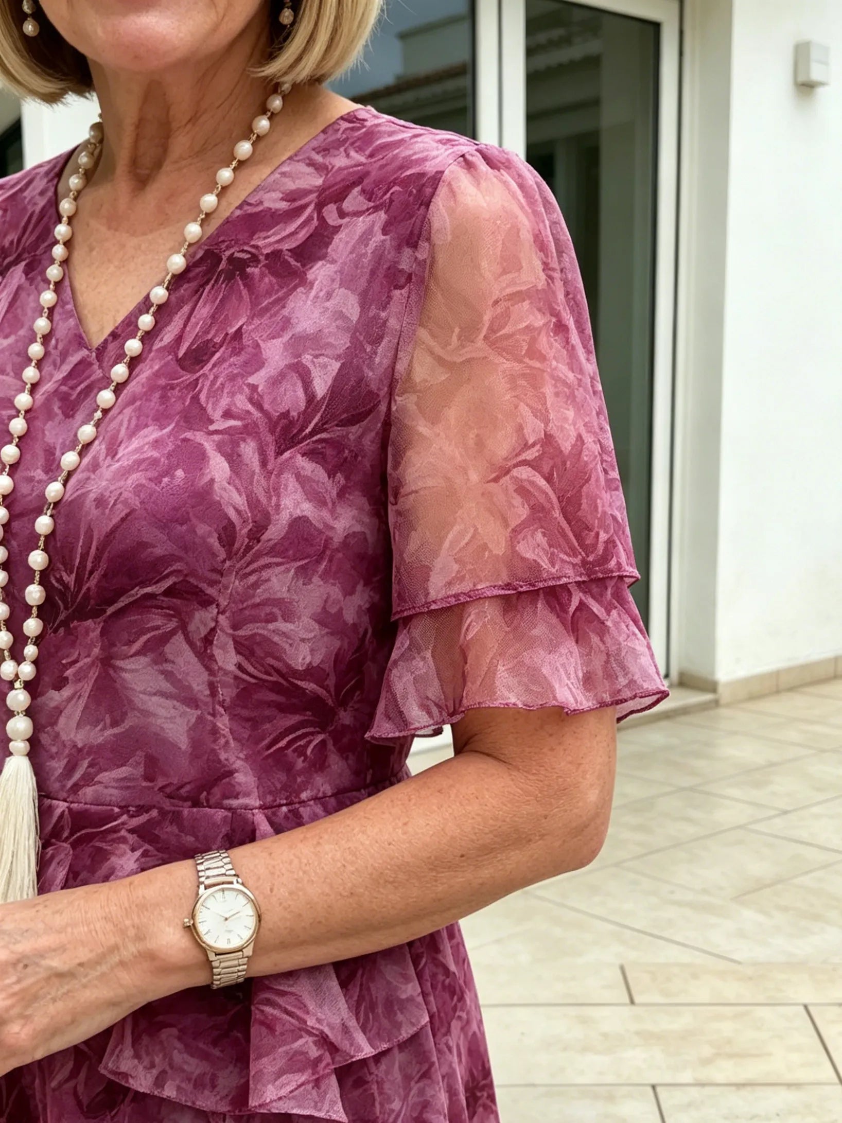 Purple Floral Mesh Chiffon Midi Dress, V-Neck Ruffle 3/4 Sleeve Waist Ruffle Loose Slimming Mom Dress