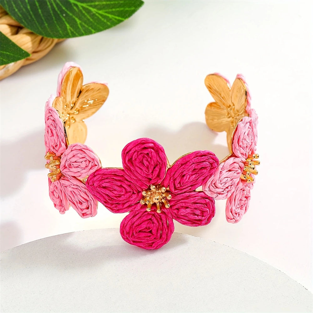 Bohemian Pink Floral Adjustable Open Bracelet