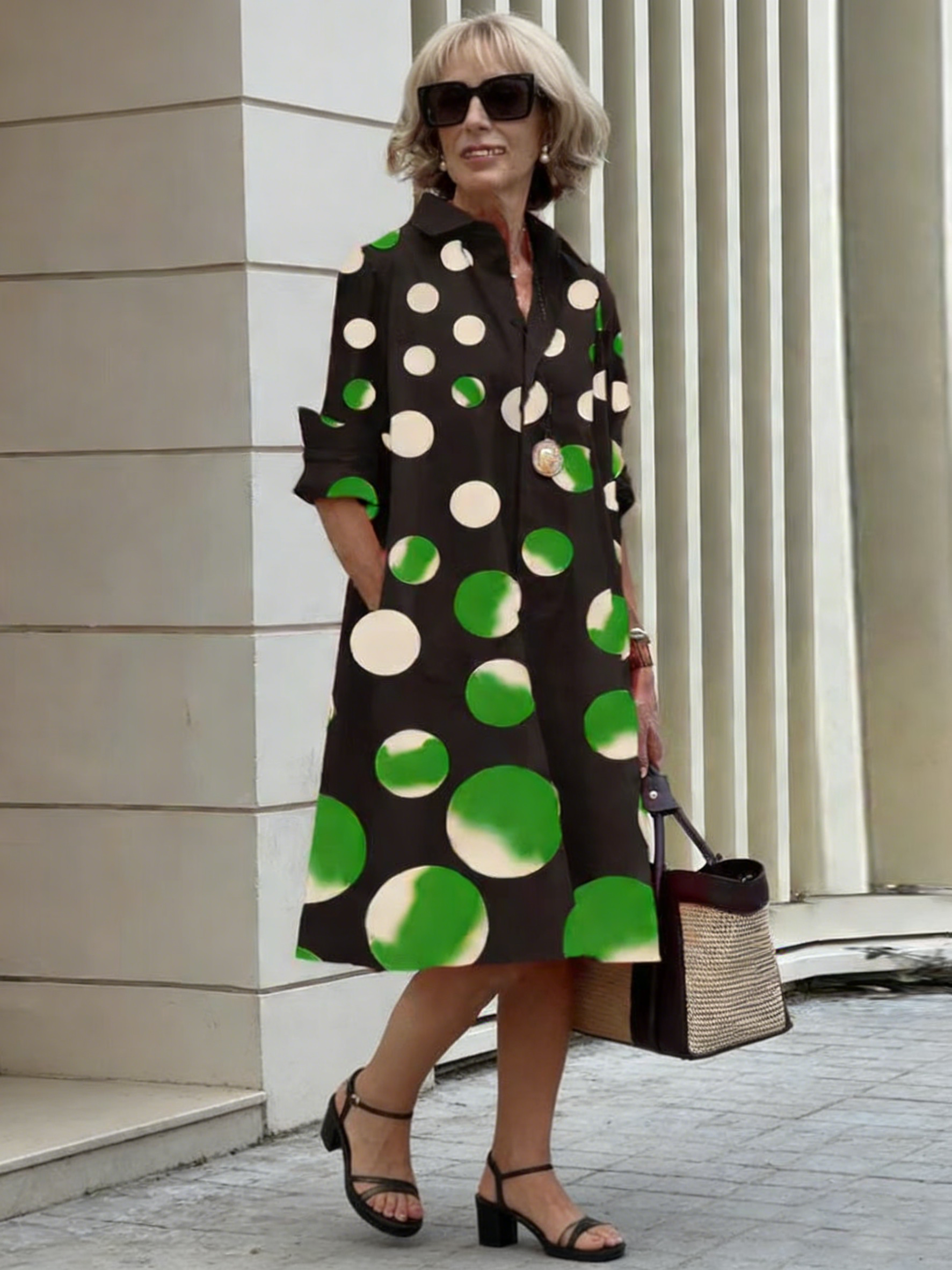 Holiday Bohemian Maxi DressDot Printed Mid-Length Long Sleeve Shirt Dress for Women