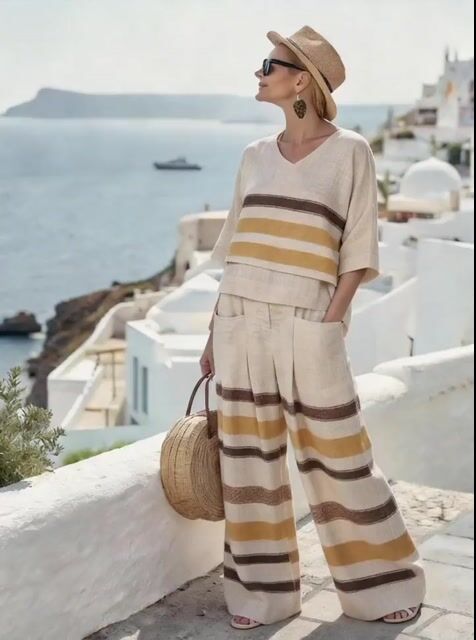 Women'S Casual V-Neck Printed Wide-Leg Pants Set