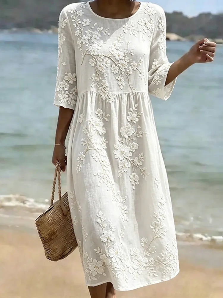 Women's Japanese Sakura Print Crew Neck Midi Dress
