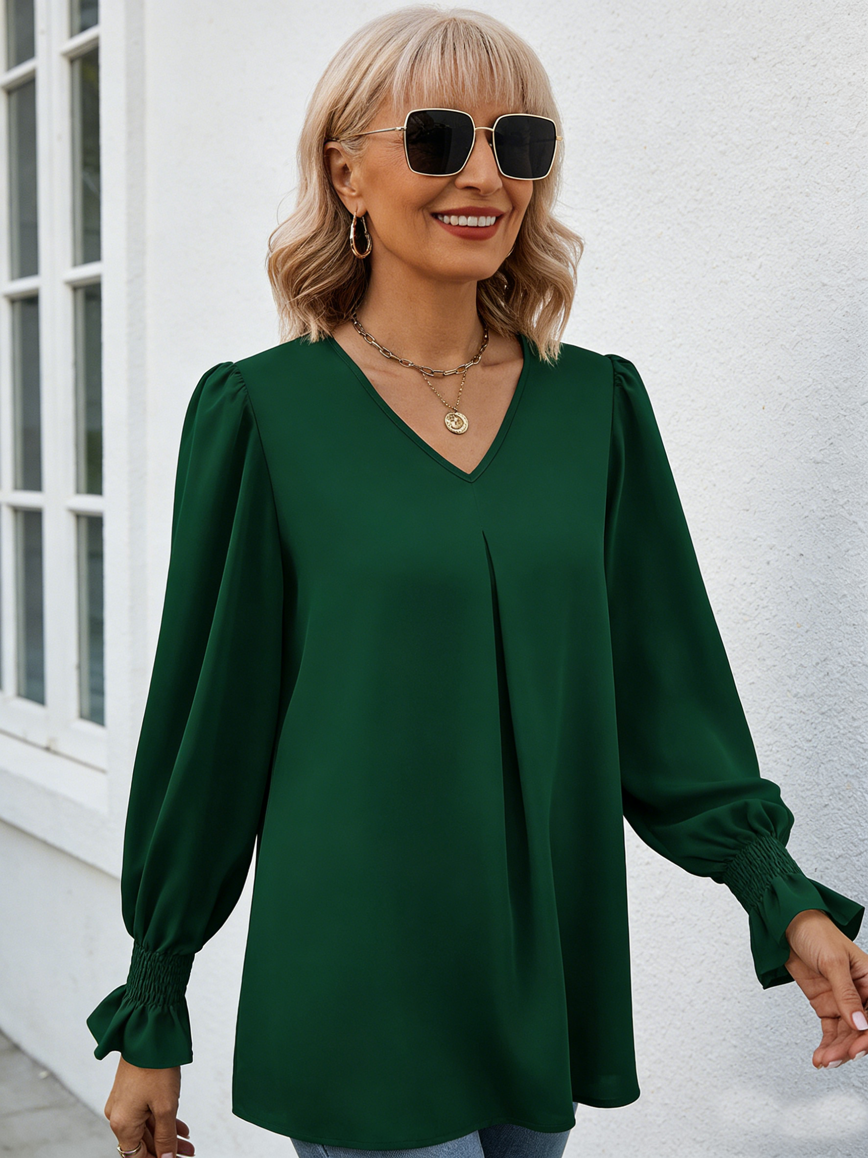 Solid Color Chiffon Shirt V-neck Pullover Horn Long-sleeved Top Shirt