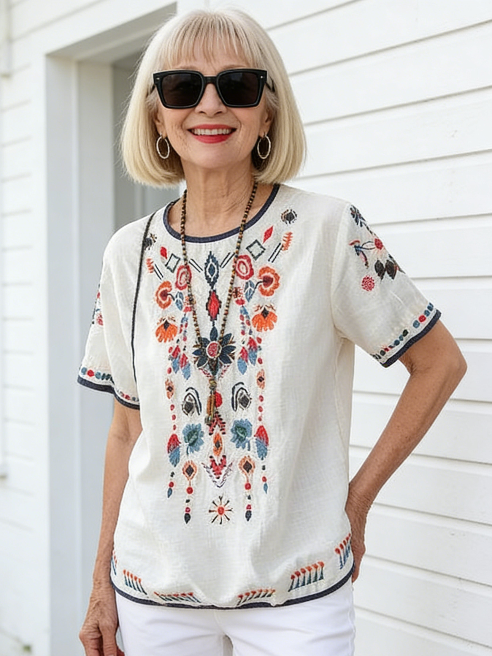 Embroidery Slim Fit Ethnic Linen T-Shirt Top