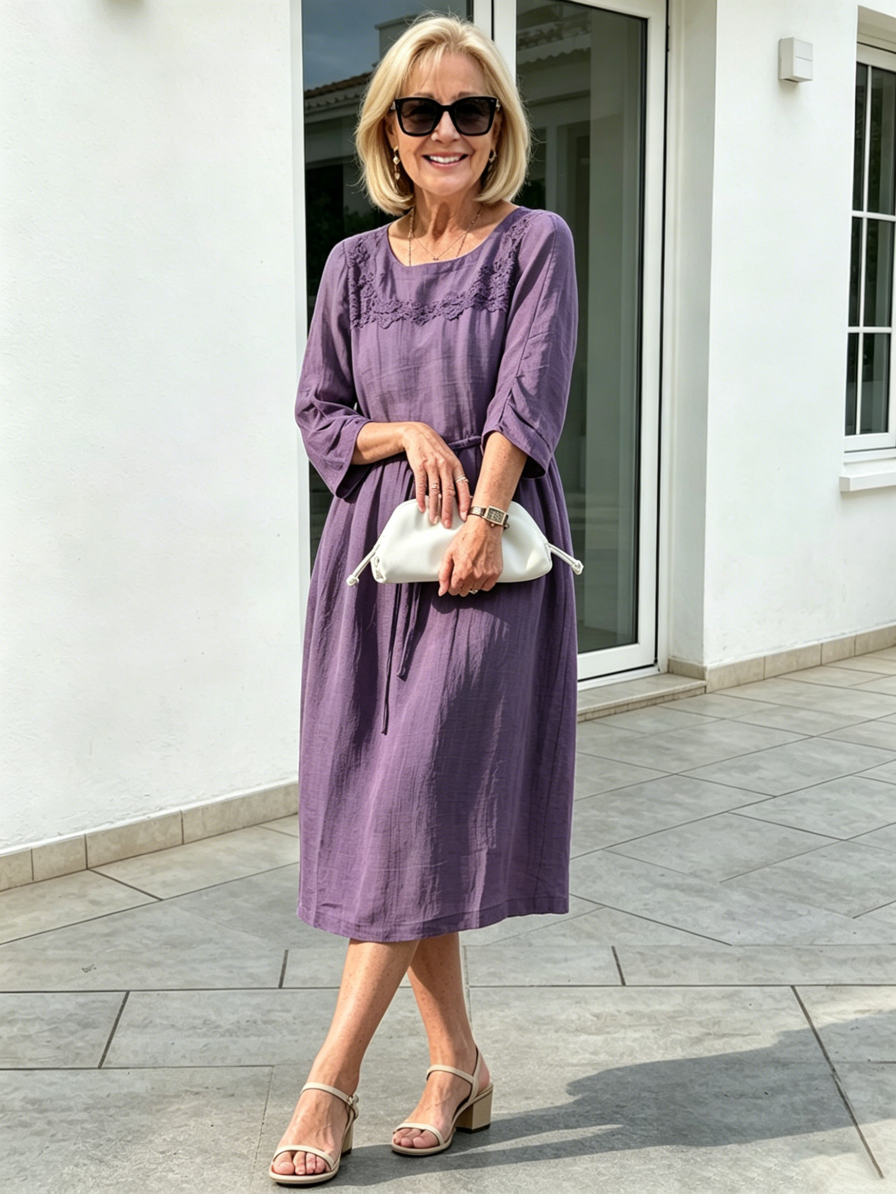 Embroidered Seven-quarter-sleeved Dress for Women's Loose and Thin Lace-up Waist Mid-length Dress