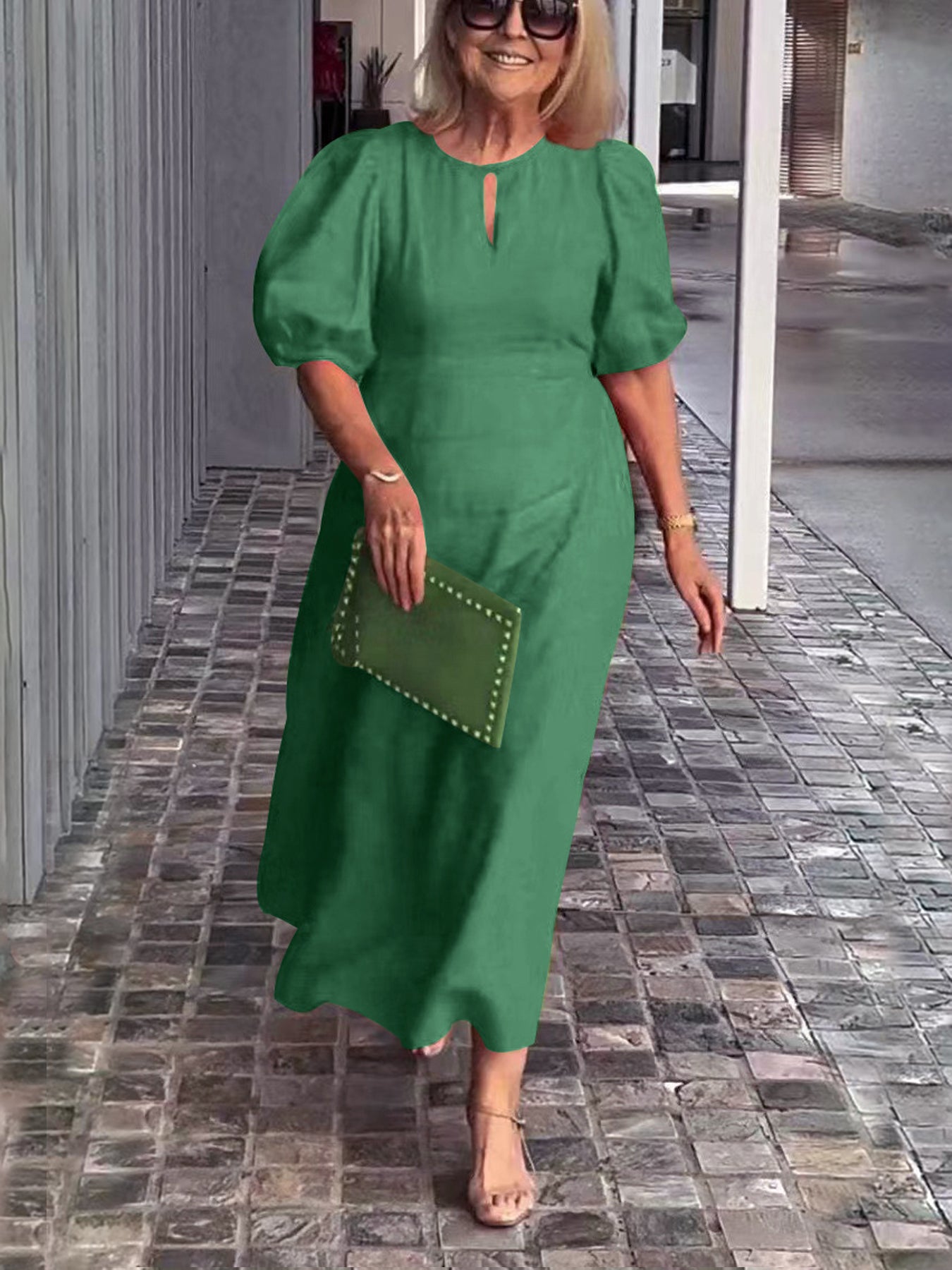 Evening Dress Formal Dress Solid Color Loose-Fitting Casual Round-Neck Small Lantern Sleeves