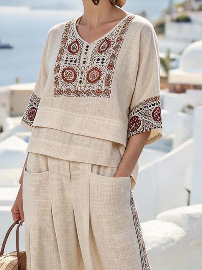 Women'S Casual V-Neck Printed Wide-Leg Pants Set