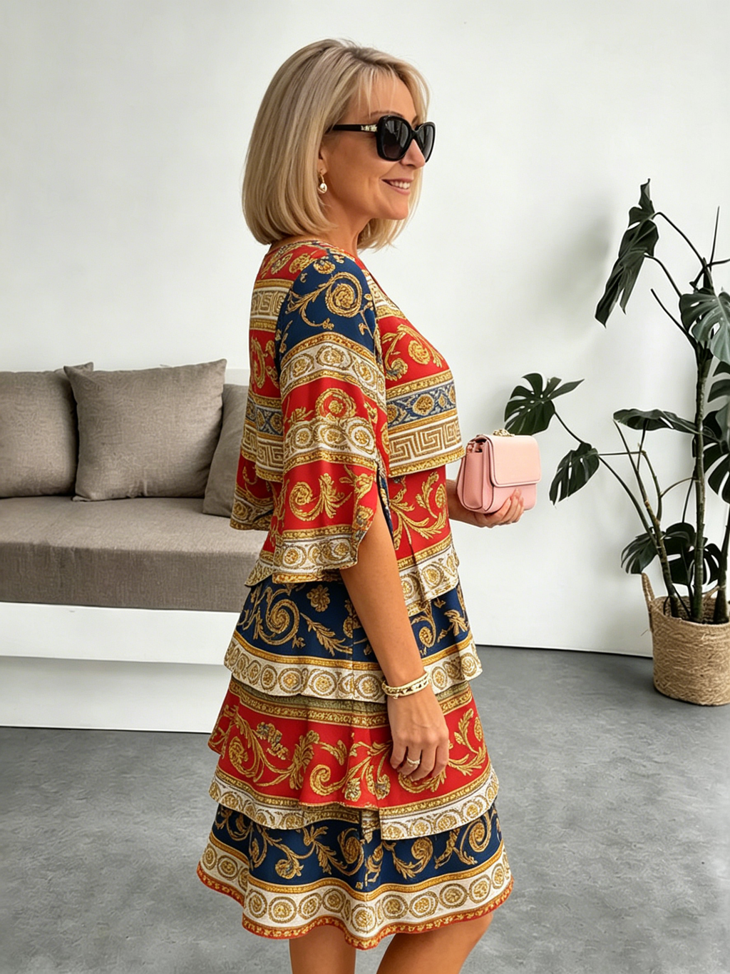 Chiffon Paisley Vacation Prints Color Round Neck Cake Skirt Splicing Dress Mid-length