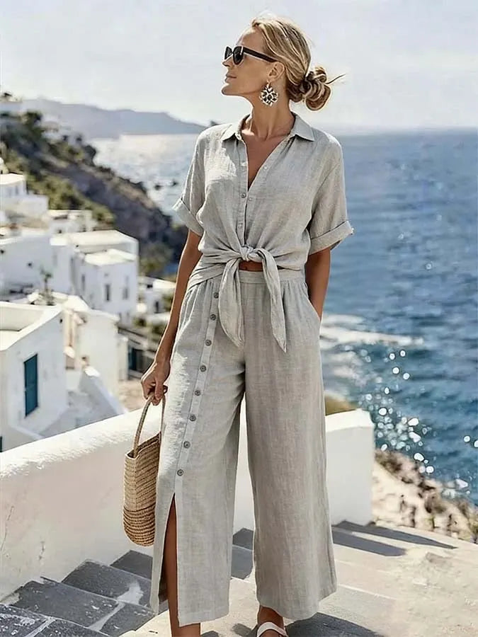 Women'S Casual Solid-Color Shirt And Button-Up Pants Set