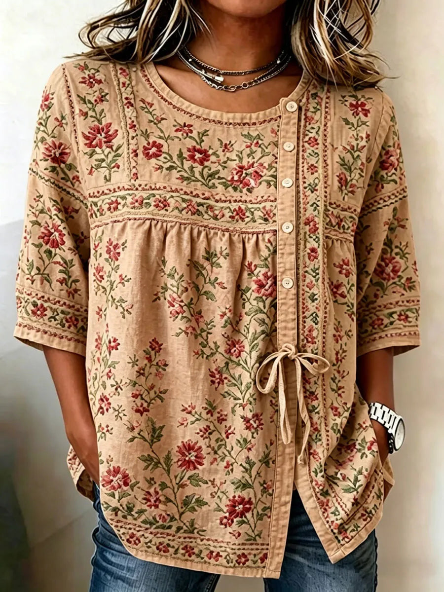 Women'S Casual Print Cotton Linen Print Top