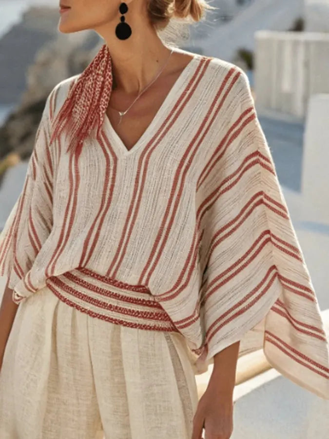Women'S Loose Striped Holiday Shorts Set