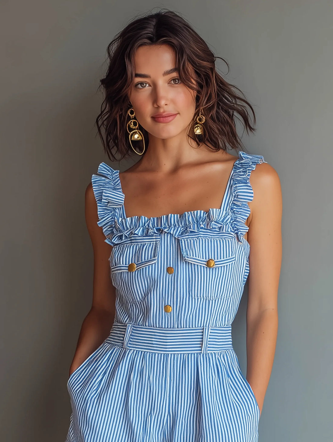Women's Minimalist Striped Romper With Ruffled Square Neck And Straps MDZ1069D7Y