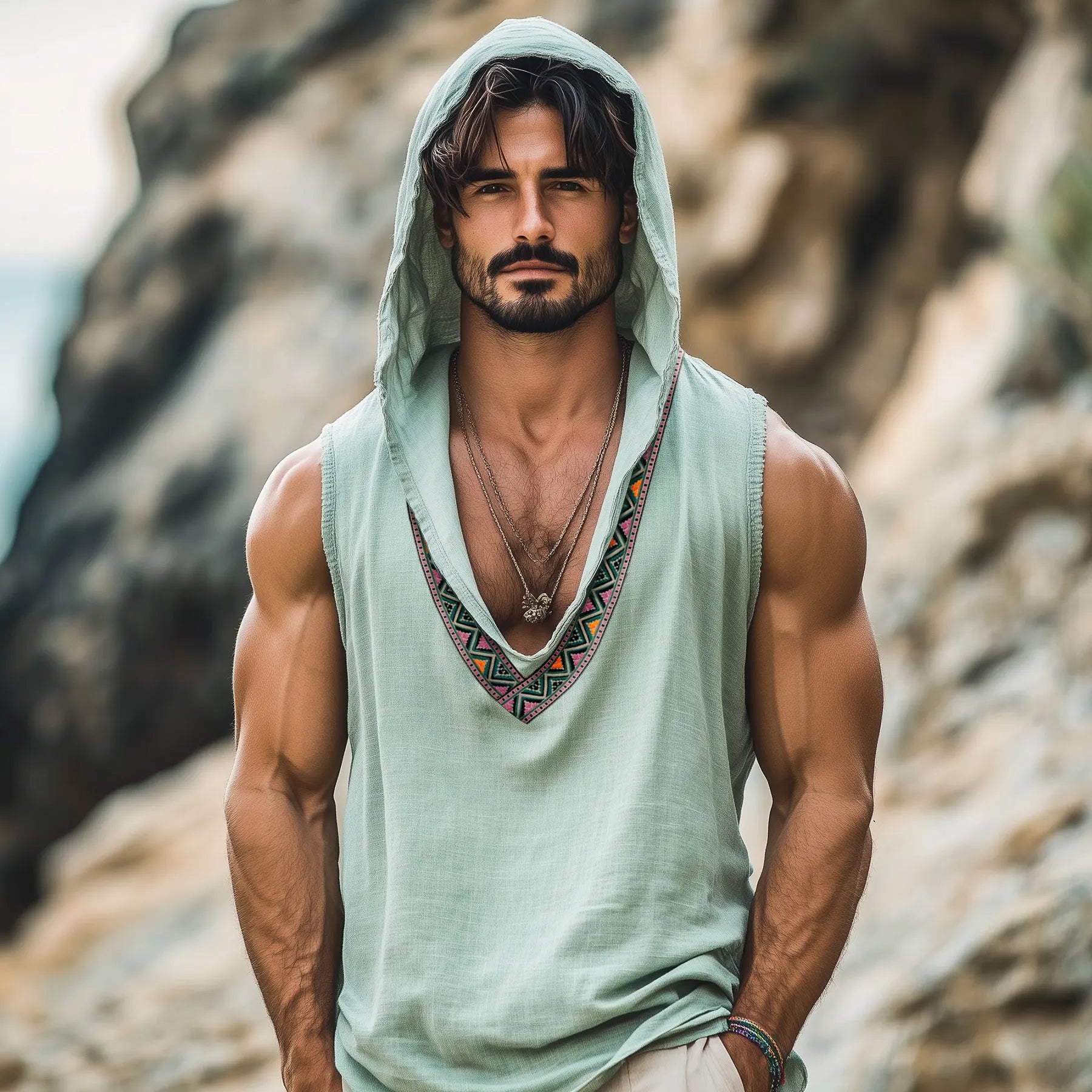 Men's Vintage Linen Embroidered Vest Tops