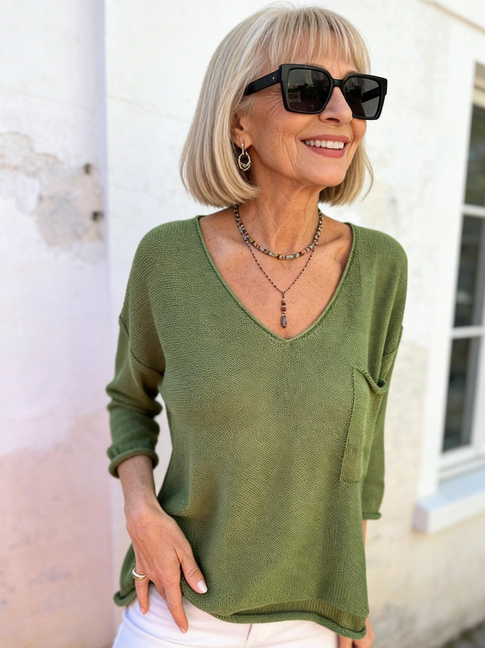 V-Neck Long Sleeve Pocket Casual Knitted Sweater Top