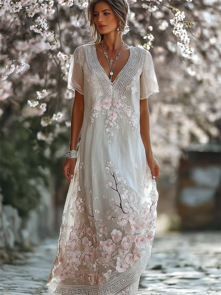 Vintage Japanese Cherry Blossom Flowy Linen Maxi Dress