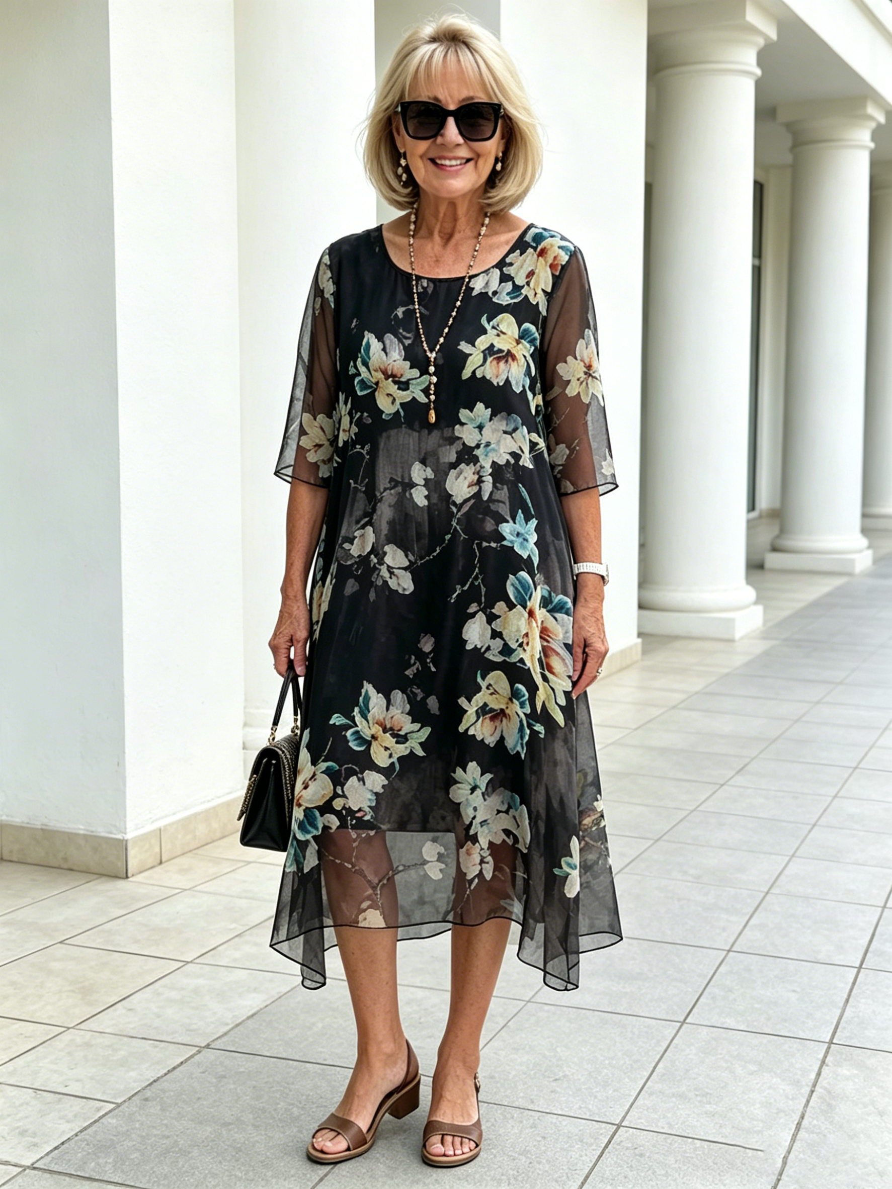 Black Floral Chiffon Midi Dress, Loose Tummy Hiding 3/4 Sleeve Printed Dress for Mature Women