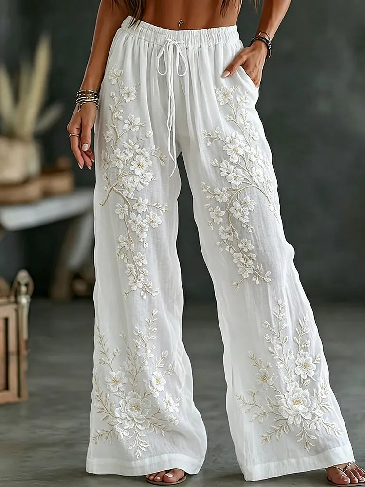 Women's Japanese Sakura Print Wide Leg Linen Pants