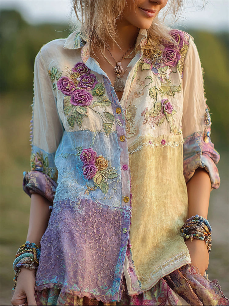 Boho Roses Floral Embroidered Colorblock Lace Stitched Linen Blouse