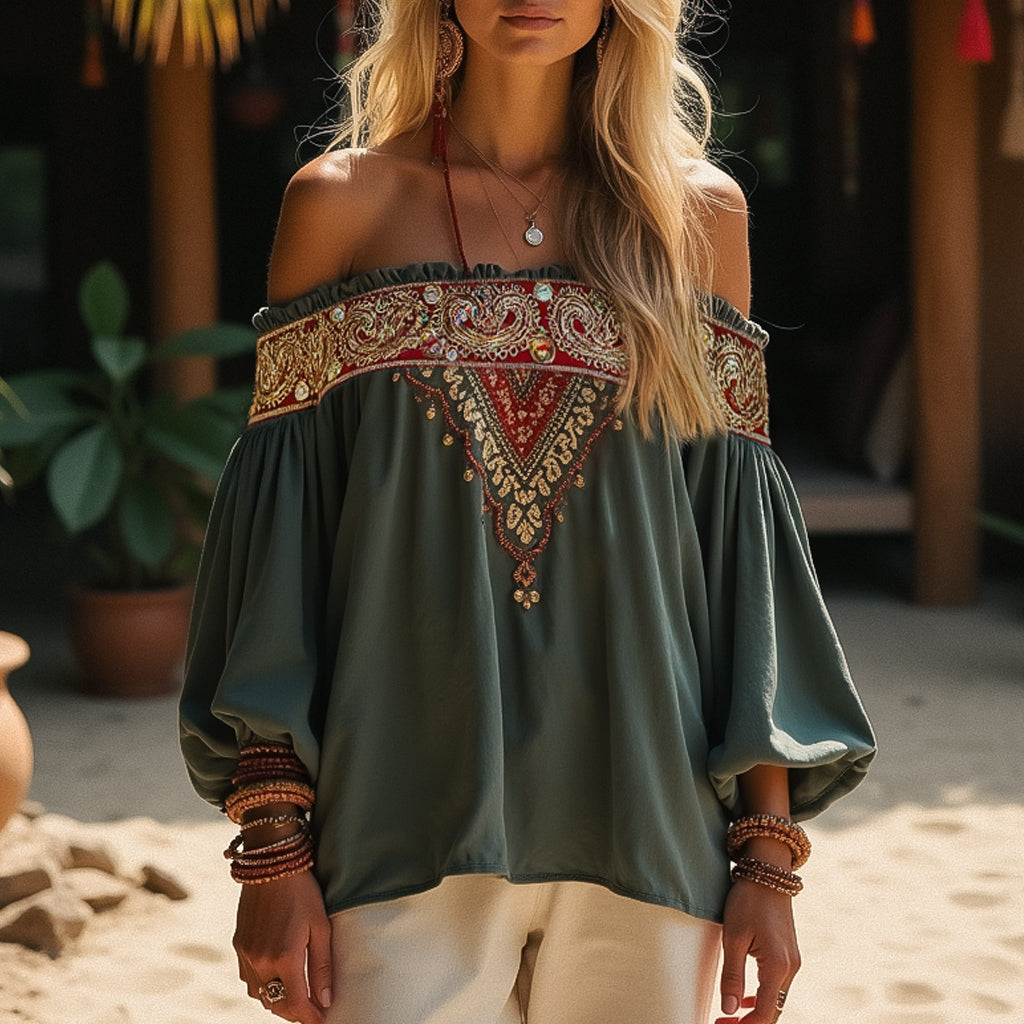 Women's Vintage Embroidered Woven Long Sleeve Shirt