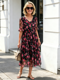 Black Rose Floral Mesh Tiered Midi Dress, V-Neck Ruffle Short Sleeve Loose Tummy Concealing Temperament Dress for Mature Women