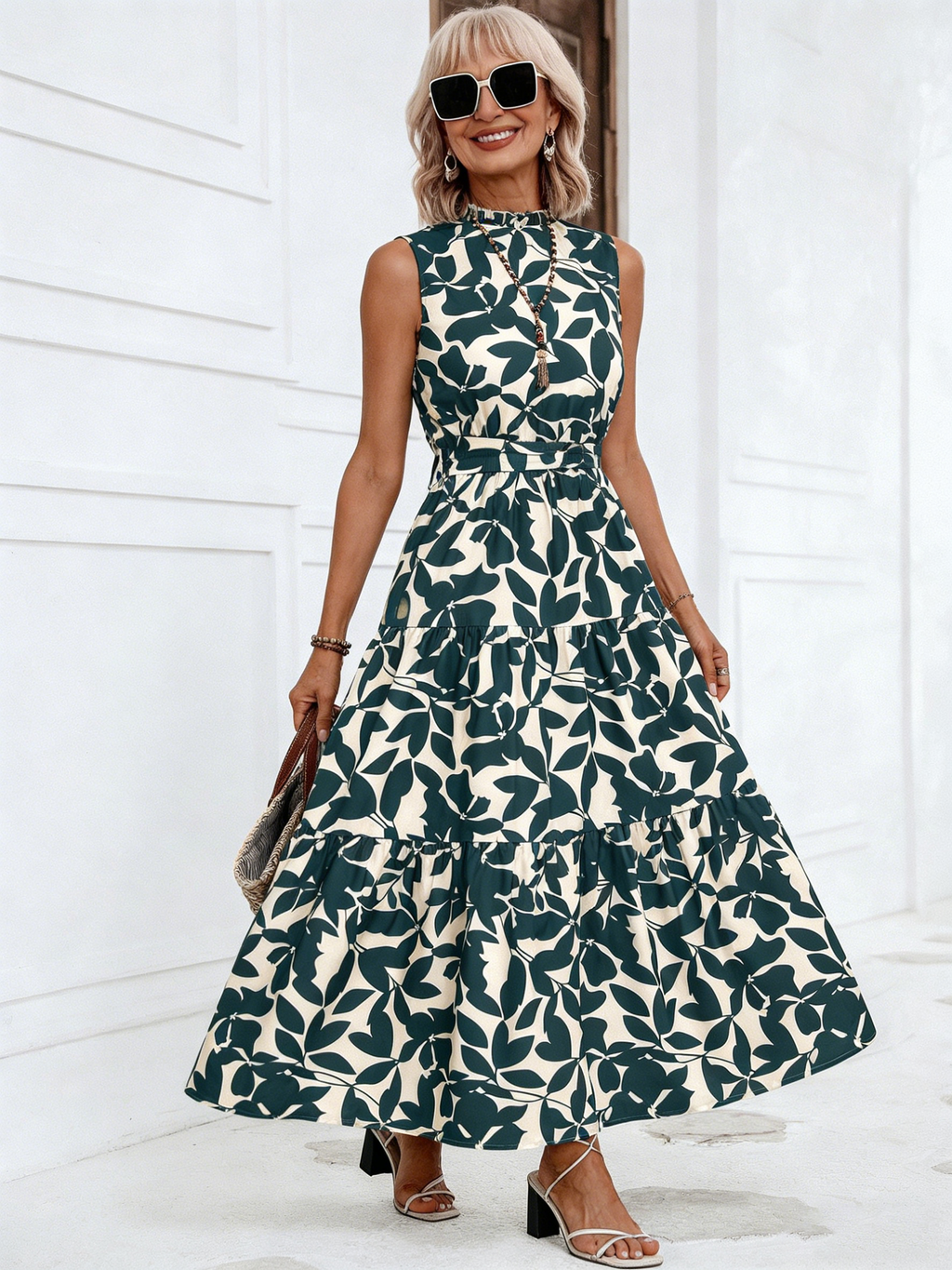 Vacation Fashion Fungus Edge Flying Sleeves Lace-Up Printed  Dress