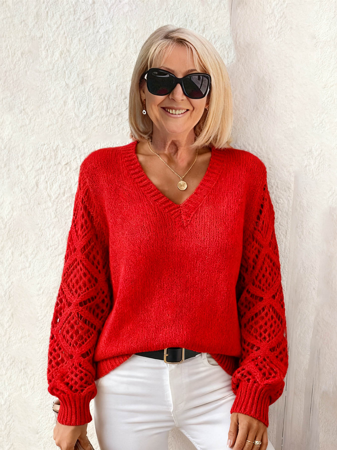 Hollow-out Knitted Sweater Women's Pullover Long-sleeved Crochet Jacquard Loose V-neck Bottoming Top