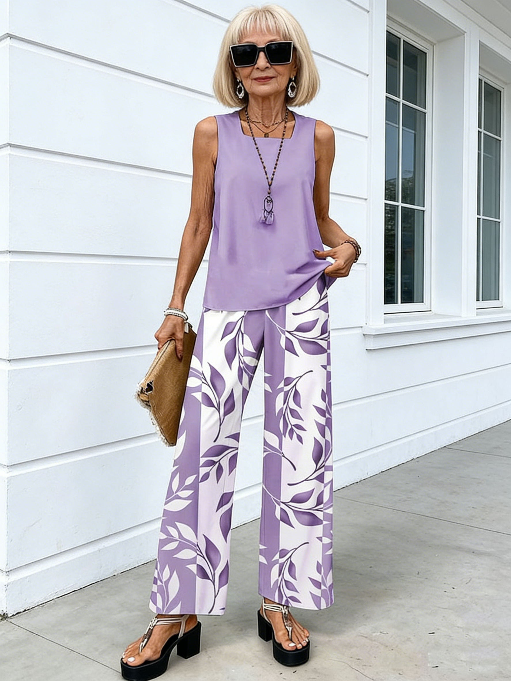 2Pcs Vacation Casual Square Neck Pullover Tank Plus Trousers Digital Printing