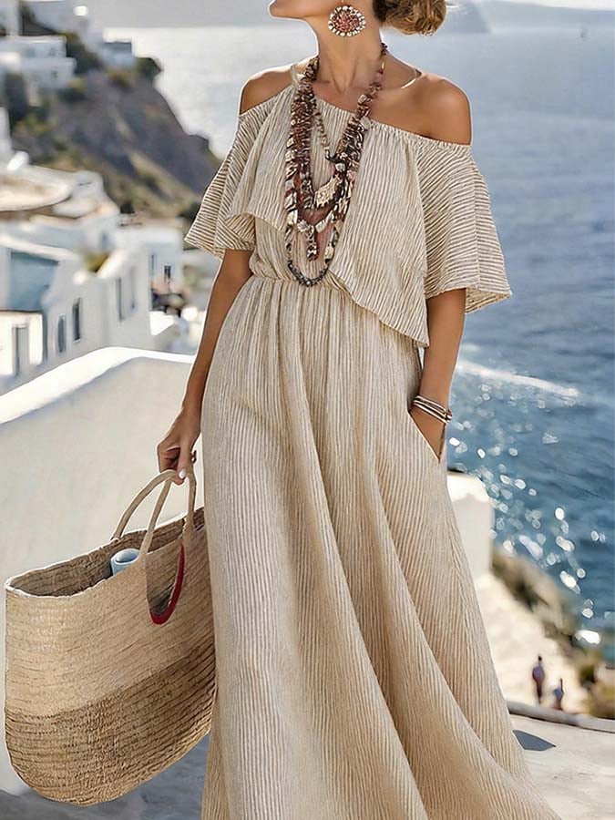 Women'S Casual Striped Off-Shoulder Dress