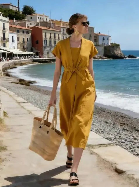 Women's V-Neck Short-Sleeved Dress With Tie Detail