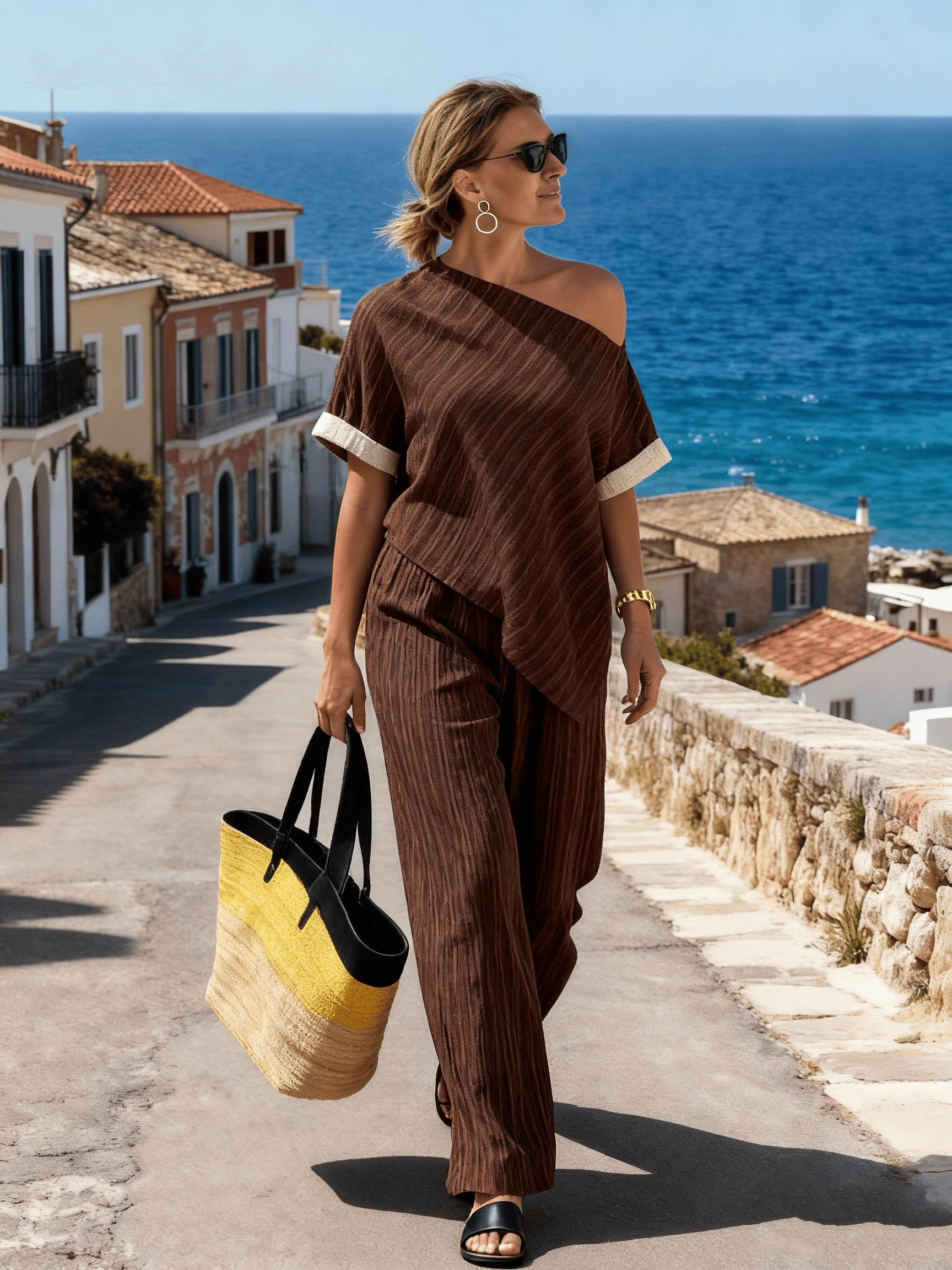Women's Striped Short-Sleeved Suit With Shoulder Straps